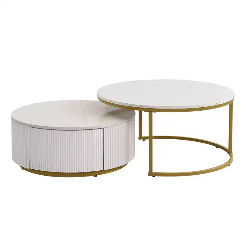 Tables basses gigognes rondes dorées, lot de 2, table centrale cannelée avec pieds dorés, tables d'appoint modernes avec tiroir pour le salon