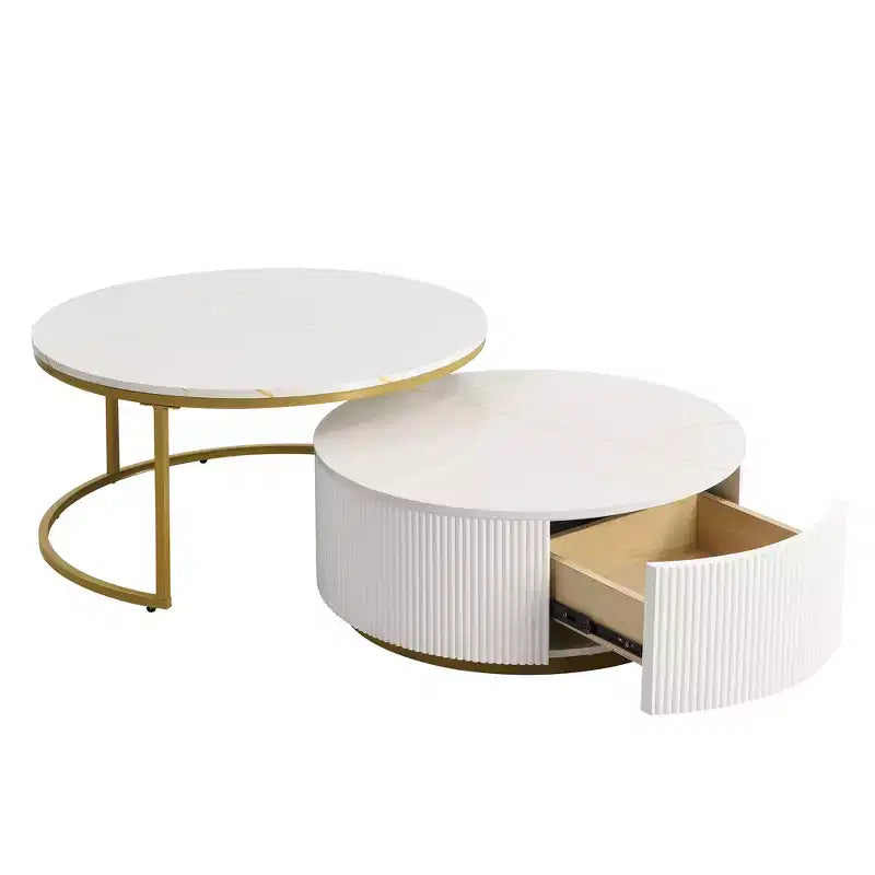 Tables basses gigognes rondes dorées, lot de 2, table centrale cannelée avec pieds dorés, tables d'appoint modernes avec tiroir pour le salon