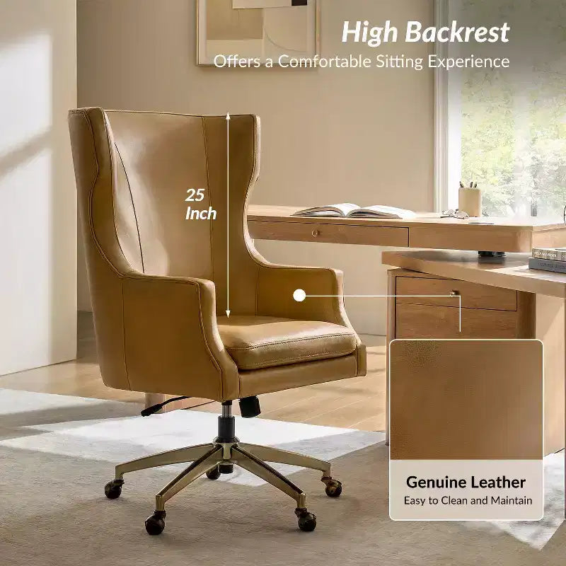 Chaise de bureau Gonzalo en cuir véritable avec dossier haut|ARTFUL LIVING DESIGNS