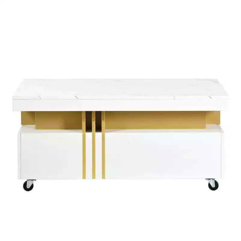 Table basse rectangulaire moderne en faux marbre avec tiroirs de rangement et roulettes, Table basse de salon - Panipeachy