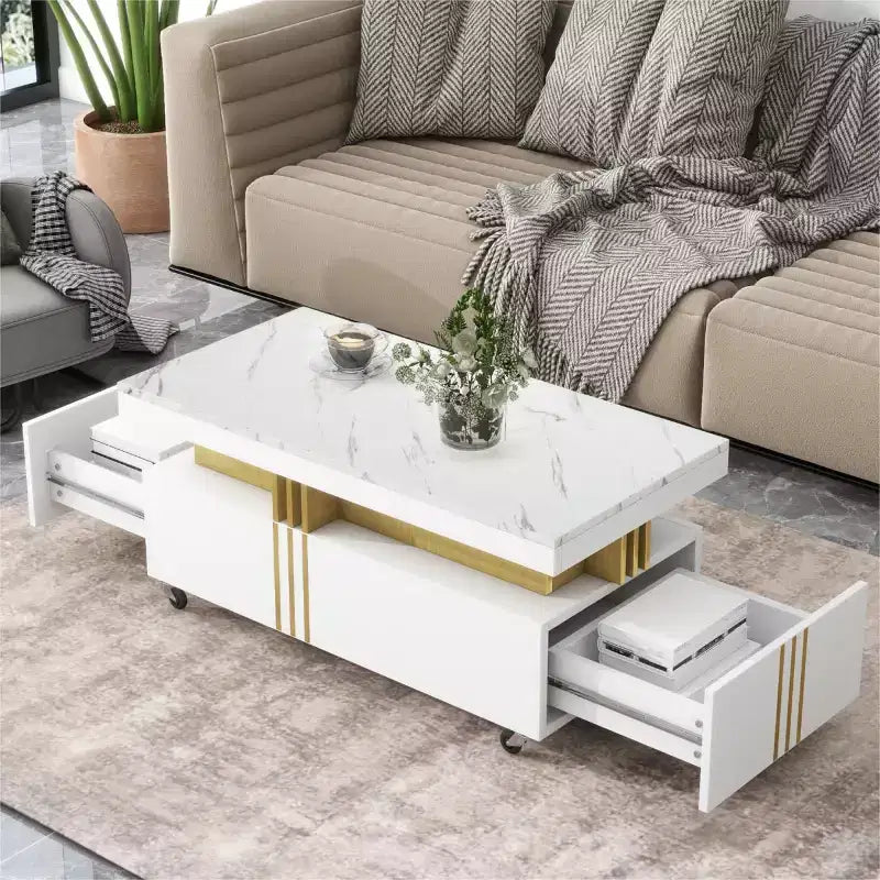 Table basse rectangulaire moderne en faux marbre avec tiroirs de rangement et roulettes, Table basse de salon - Panipeachy