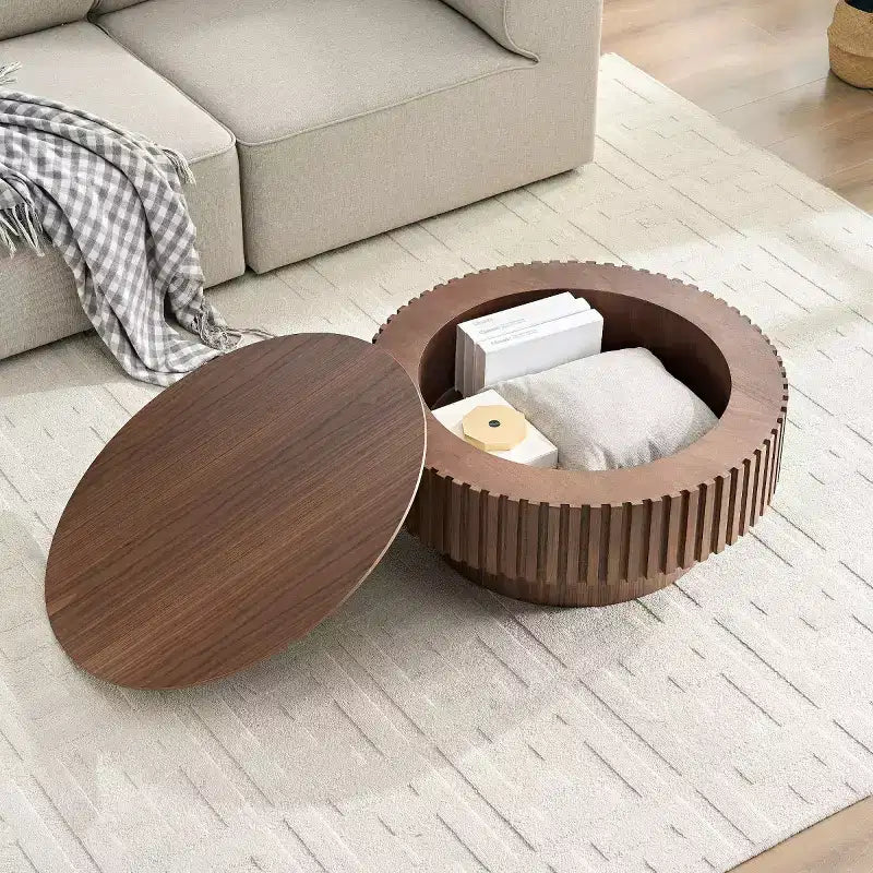 31.49 Table Basse Ronde Cannelée avec Rangement Caché, Table Basse Piédestal Moderne pour Salon, Appartement - Panipeachy