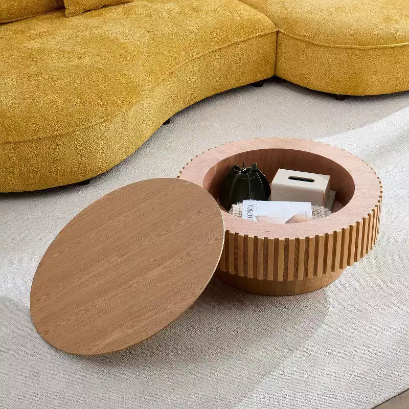 31.49 Table Basse Ronde Cannelée avec Rangement Caché, Table Basse Piédestal Moderne pour Salon, Appartement - Panipeachy