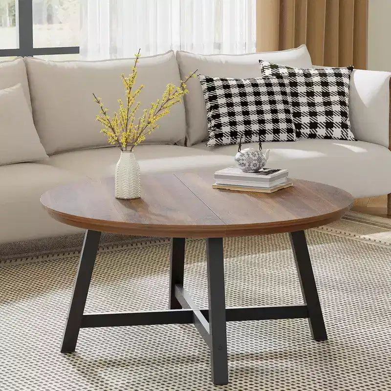 Table basse ronde de 36 po, grandes tables d'appoint avec pieds réglables, tables de salon avec pieds épaissis et grain de bois design, facile à assembler