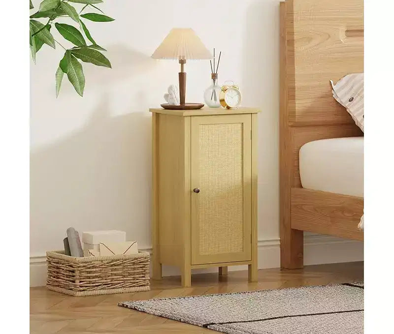 Table de chevet bohème, table de chevet en rotin de 40 cm avec tiroir, table de chevet pour chambre à coucher | Pieds robustes et plateau en bois | Petit meuble d'appoint pour salon