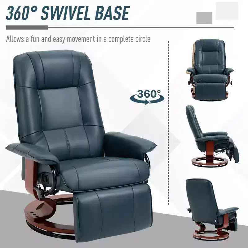 Fauteuil inclinable manuel en similicuir, fauteuil de salon pivotant et réglable avec repose-pieds, accoudoirs et base en bois enveloppée pour salon