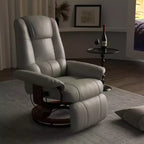 Fauteuil inclinable manuel en similicuir, fauteuil de salon pivotant et réglable avec repose-pieds, accoudoirs et base en bois enveloppée pour salon