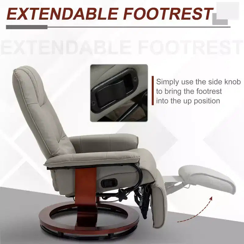 Fauteuil inclinable manuel en similicuir, fauteuil de salon pivotant et réglable avec repose-pieds, accoudoirs et base en bois enveloppée pour salon