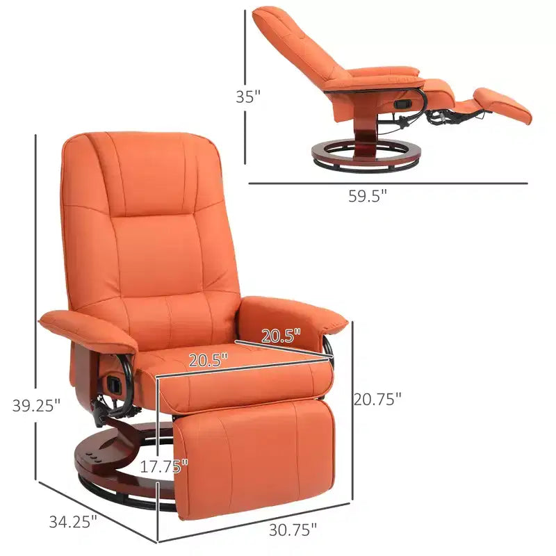 Fauteuil inclinable manuel en similicuir, fauteuil de salon pivotant et réglable avec repose-pieds, accoudoirs et base en bois enveloppée pour salon