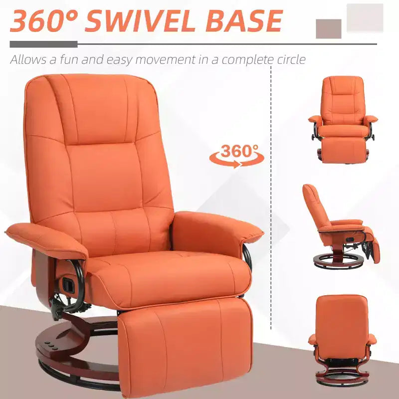 Fauteuil inclinable manuel en similicuir, fauteuil de salon pivotant et réglable avec repose-pieds, accoudoirs et base en bois enveloppée pour salon