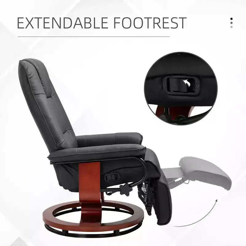 Fauteuil inclinable manuel en similicuir, fauteuil de salon pivotant et réglable avec repose-pieds, accoudoirs et base en bois enveloppée pour salon
