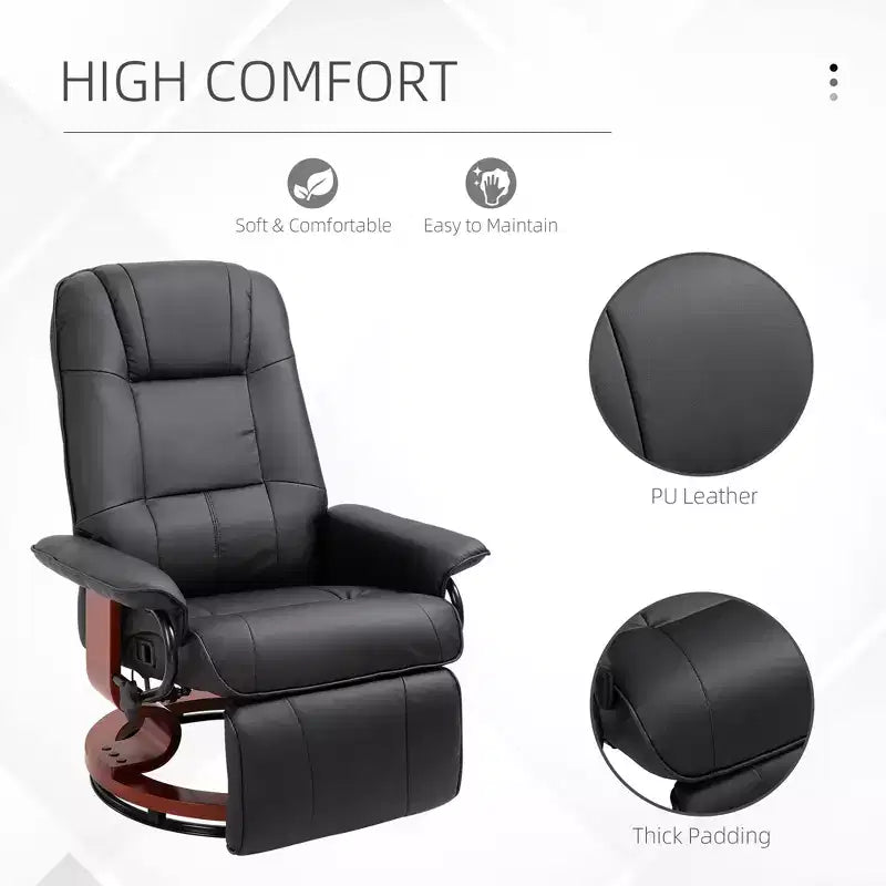 Fauteuil inclinable manuel en similicuir, fauteuil de salon pivotant et réglable avec repose-pieds, accoudoirs et base en bois enveloppée pour salon