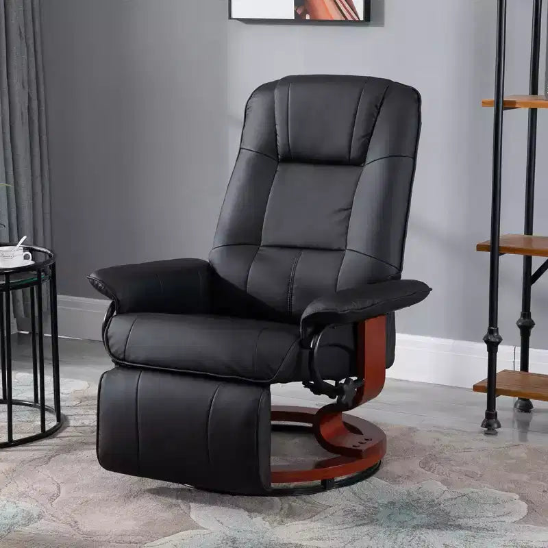 Fauteuil inclinable manuel en similicuir, fauteuil de salon pivotant et réglable avec repose-pieds, accoudoirs et base en bois enveloppée pour salon