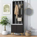 Okak Modern Hall Tree with Cushion Bench and Adjustable Shelves, Storage Rack with 8 Gold Hooks and Legs, Coat Tree for Living Room, Hallway, Black