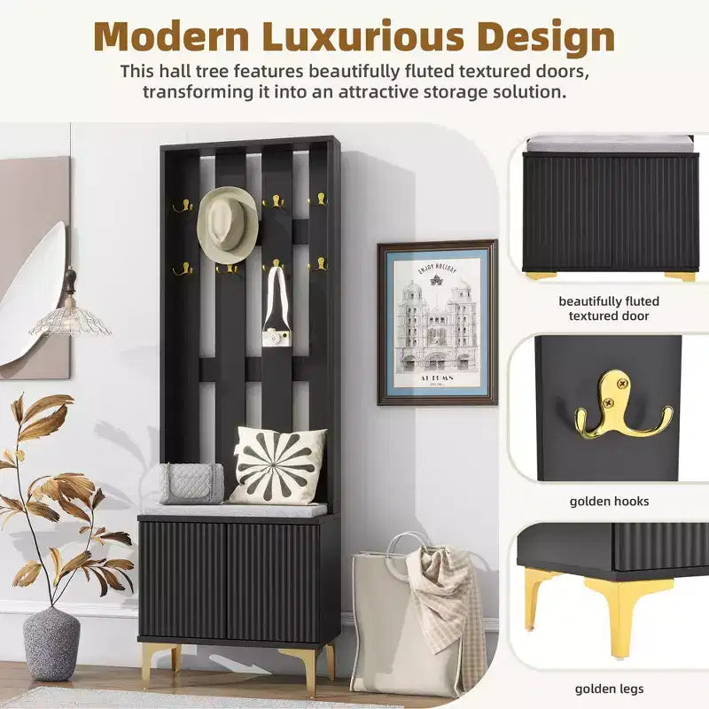 Meuble d'entrée moderne Okak avec banc rembourré et étagères réglables, étagère de rangement avec 8 crochets et pieds dorés, porte-manteau pour salon, couloir, noir