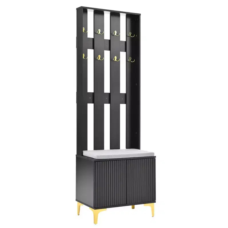 Meuble d'entrée moderne Okak avec banc rembourré et étagères réglables, étagère de rangement avec 8 crochets et pieds dorés, porte-manteau pour salon, couloir, noir