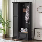Porte-manteau élégant Okak avec banc relevable, patère avec armoire à chaussures et étagères réglables, porte-manteau avec crochets de suspension pour entrées, Noir