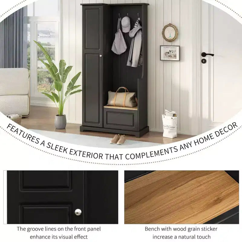 Porte-manteau élégant Okak avec banc relevable, patère avec armoire à chaussures et étagères réglables, porte-manteau avec crochets de suspension pour entrées, Noir
