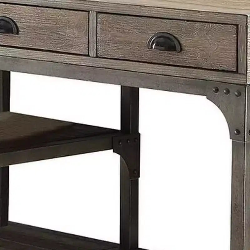 Bureau Royal Hampton en bois et métal avec trois tiroirs et deux étagères latérales, Chêne marron et gris