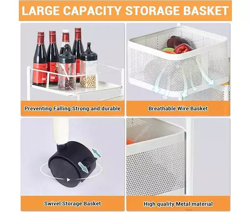 Étagère de Rangement Rotative à 5 Niveaux pour Cuisine, Chariot de Cuisine en Maille Métallique avec Couvercle Supérieur, Rangement sur Roues pour Fruits Légumes et Épicerie