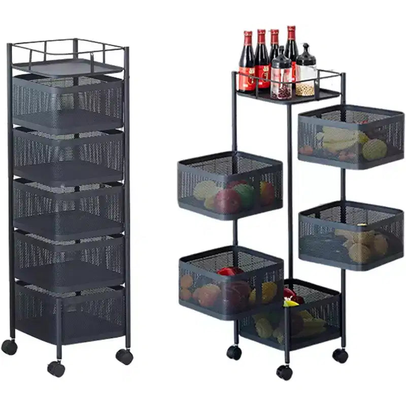 Étagère de Rangement Rotative à 5 Niveaux pour Cuisine, Chariot de Cuisine en Maille Métallique avec Couvercle Supérieur, Rangement sur Roues pour Fruits Légumes et Épicerie