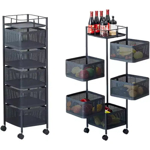 Étagère de Rangement Rotative à 5 Niveaux pour Cuisine, Chariot de Cuisine en Maille Métallique avec Couvercle Supérieur, Rangement sur Roues pour Fruits Légumes et Épicerie
