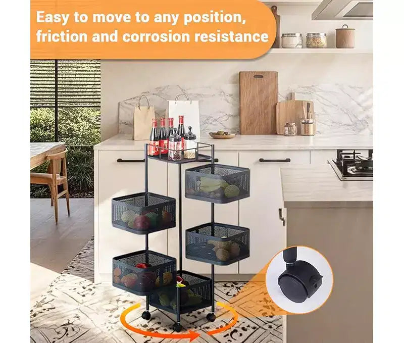 Étagère de Rangement Rotative à 5 Niveaux pour Cuisine, Chariot de Cuisine en Maille Métallique avec Couvercle Supérieur, Rangement sur Roues pour Fruits Légumes et Épicerie