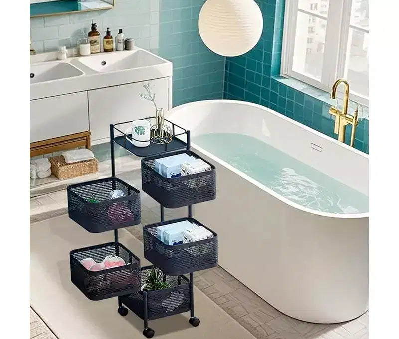 Étagère de Rangement Rotative à 5 Niveaux pour Cuisine, Chariot de Cuisine en Maille Métallique avec Couvercle Supérieur, Rangement sur Roues pour Fruits Légumes et Épicerie