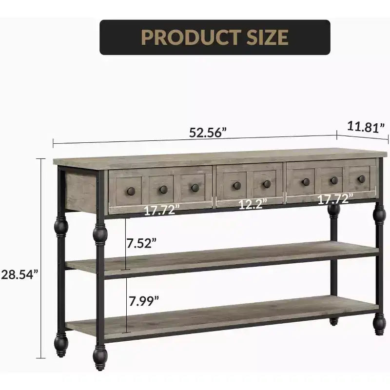 Table console de 53 pouces avec 3 tiroirs, table d'entrée industrielle avec étagères de rangement à 3 niveaux, pour couloir, salon, bureau