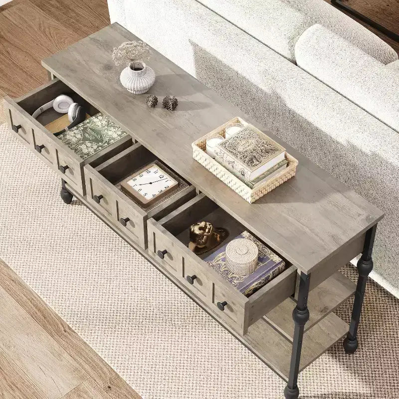 Table console de 53 pouces avec 3 tiroirs, table d'entrée industrielle avec étagères de rangement à 3 niveaux, pour couloir, salon, bureau