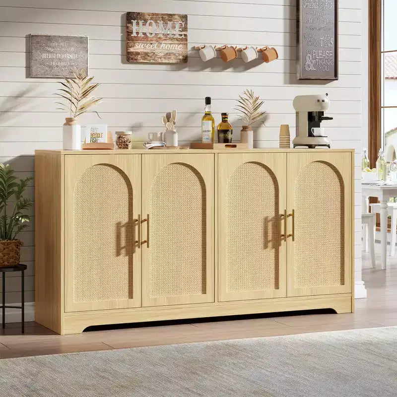 Meuble Buffet Commode de 150 cm, Meuble Bar à Café en Bois avec Portes en Rotin, Console d'Entrée, Armoire au Sol pour Salon