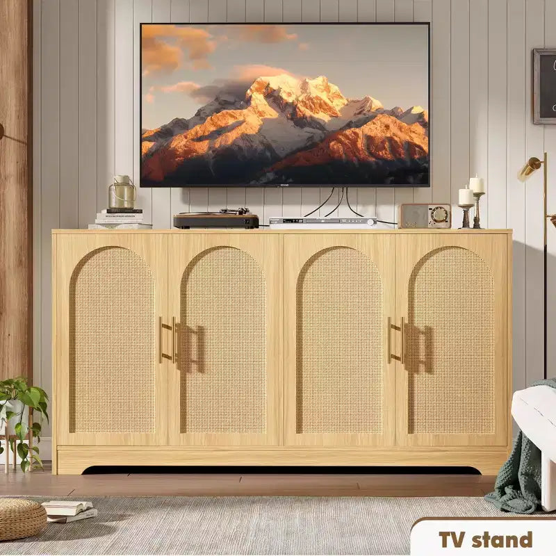 Meuble Buffet Commode de 150 cm, Meuble Bar à Café en Bois avec Portes en Rotin, Console d'Entrée, Armoire au Sol pour Salon