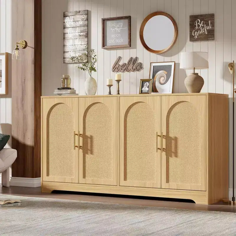 Meuble Buffet Commode de 150 cm, Meuble Bar à Café en Bois avec Portes en Rotin, Console d'Entrée, Armoire au Sol pour Salon