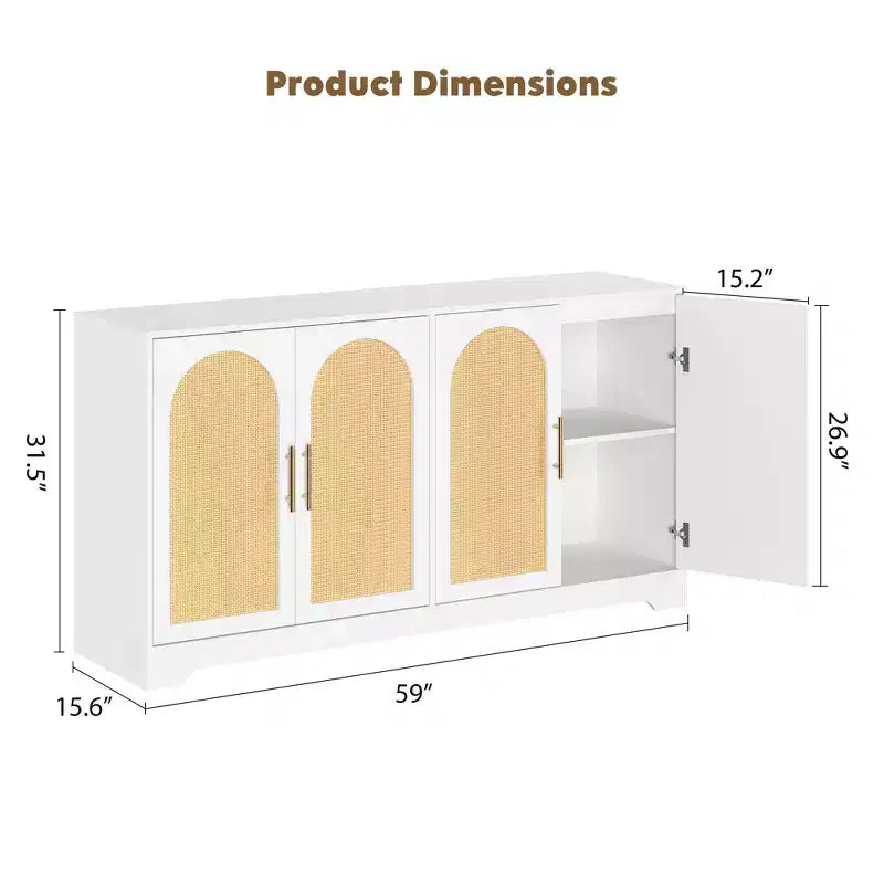 Meuble Buffet Commode de 150 cm, Meuble Bar à Café en Bois avec Portes en Rotin, Console d'Entrée, Armoire au Sol pour Salon