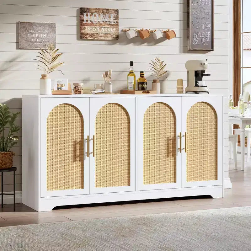 Meuble Buffet Commode de 150 cm, Meuble Bar à Café en Bois avec Portes en Rotin, Console d'Entrée, Armoire au Sol pour Salon