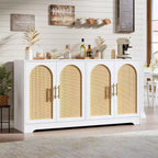 Meuble Buffet Commode de 150 cm, Meuble Bar à Café en Bois avec Portes en Rotin, Console d'Entrée, Armoire au Sol pour Salon