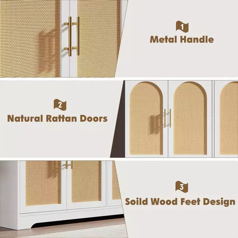Meuble Buffet Commode de 150 cm, Meuble Bar à Café en Bois avec Portes en Rotin, Console d'Entrée, Armoire au Sol pour Salon