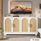 Meuble Buffet Commode de 150 cm, Meuble Bar à Café en Bois avec Portes en Rotin, Console d'Entrée, Armoire au Sol pour Salon