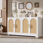 Meuble Buffet Commode de 150 cm, Meuble Bar à Café en Bois avec Portes en Rotin, Console d'Entrée, Armoire au Sol pour Salon