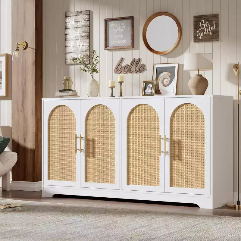 Meuble Buffet Commode de 150 cm, Meuble Bar à Café en Bois avec Portes en Rotin, Console d'Entrée, Armoire au Sol pour Salon