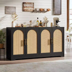 Meuble Buffet Commode de 150 cm, Meuble Bar à Café en Bois avec Portes en Rotin, Console d'Entrée, Armoire au Sol pour Salon