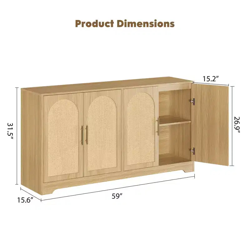 Meuble Buffet Commode de 150 cm, Meuble Bar à Café en Bois avec Portes en Rotin, Console d'Entrée, Armoire au Sol pour Salon