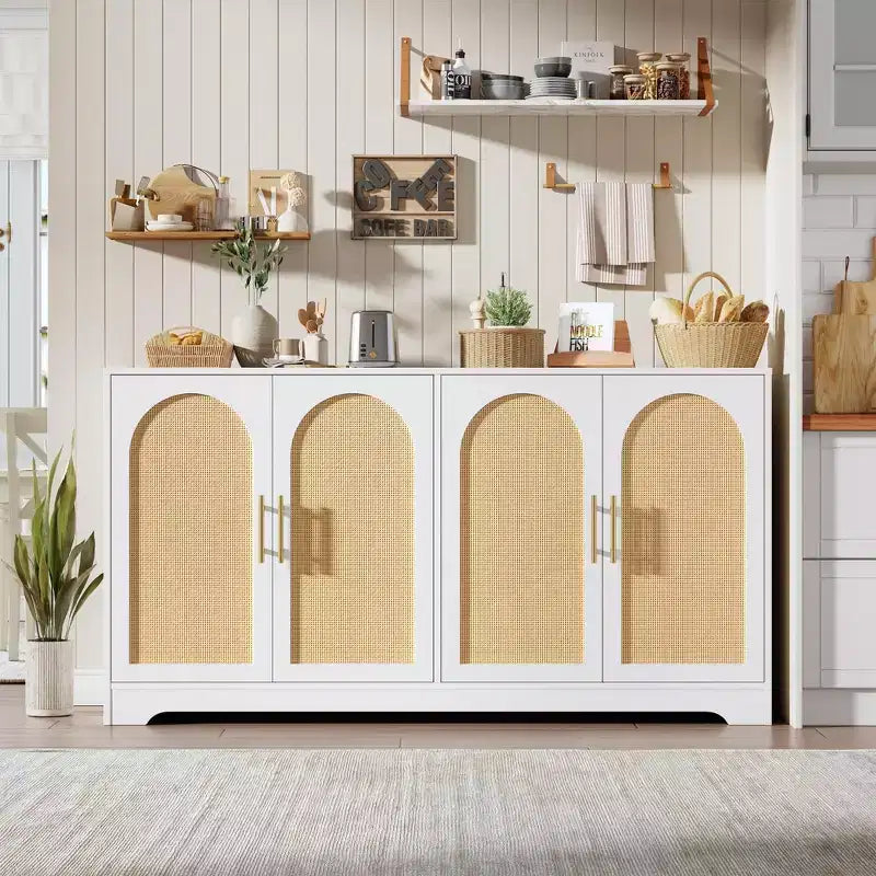 Meuble Buffet Commode de 150 cm, Meuble Bar à Café en Bois avec Portes en Rotin, Console d'Entrée, Armoire au Sol pour Salon