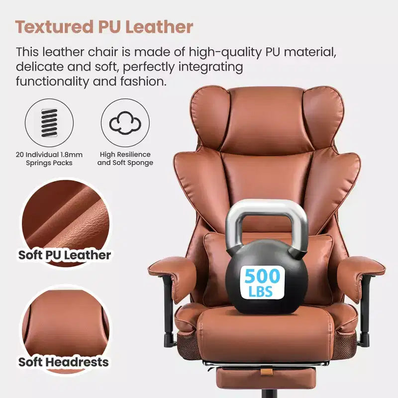 Fauteuil de bureau de direction KERDOM en cuir PU, accoudoirs et repose-pieds réglables, dossier haut et soutien lombaire
