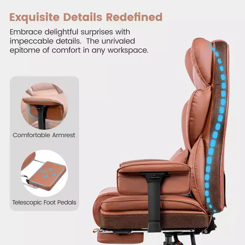 Fauteuil de bureau de direction KERDOM en cuir PU, accoudoirs et repose-pieds réglables, dossier haut et soutien lombaire