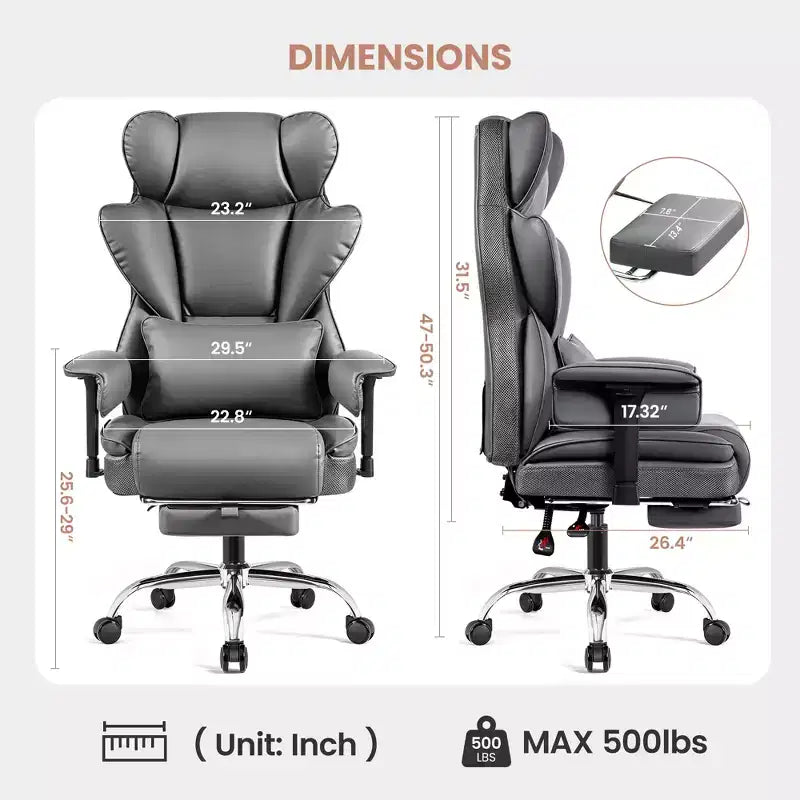 Fauteuil de bureau de direction KERDOM en cuir PU, accoudoirs et repose-pieds réglables, dossier haut et soutien lombaire