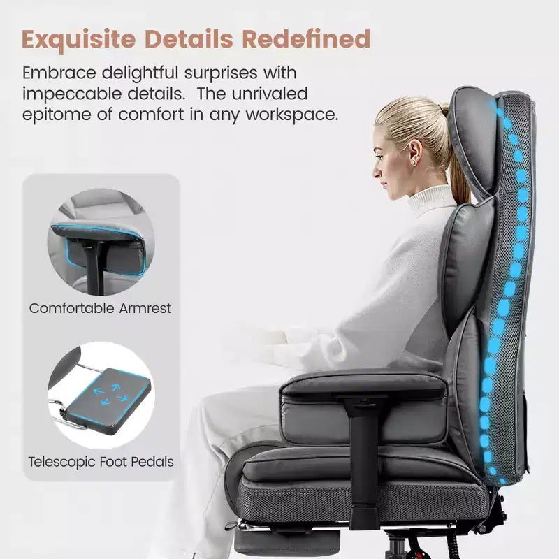 Fauteuil de bureau de direction KERDOM en cuir PU, accoudoirs et repose-pieds réglables, dossier haut et soutien lombaire