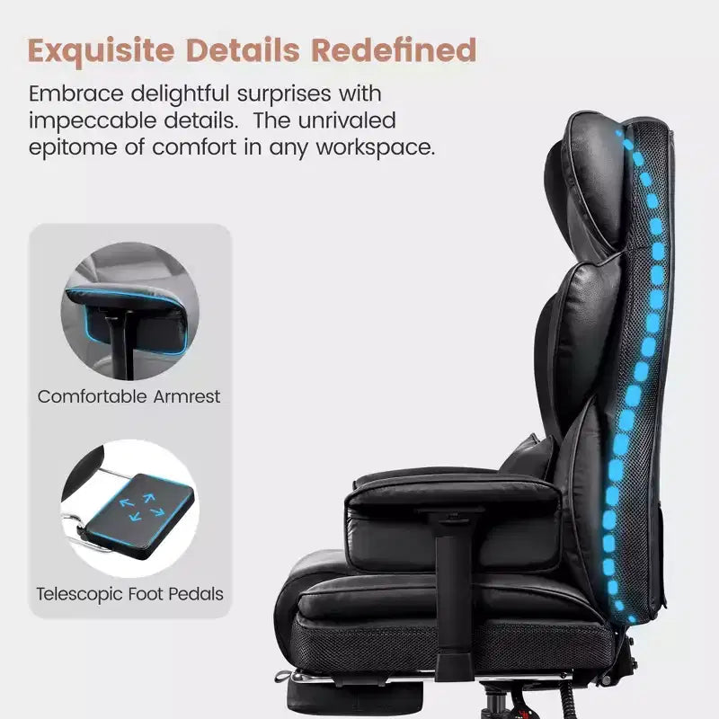 Fauteuil de bureau de direction KERDOM en cuir PU, accoudoirs et repose-pieds réglables, dossier haut et soutien lombaire