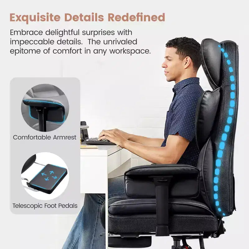 Fauteuil de bureau de direction KERDOM en cuir PU, accoudoirs et repose-pieds réglables, dossier haut et soutien lombaire