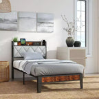 Lit plateforme moderne Okak en fer avec port de charge et tête de lit de rangement, cadre de lit rembourré pour chambre principale